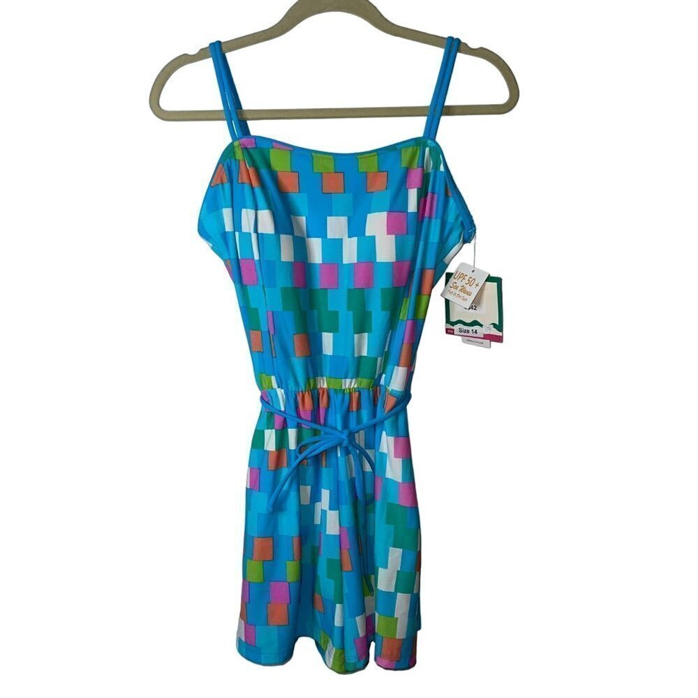 Sea Waves Vintage Swim Romper Size 14 Blue Pink Orange Abstract Belted New